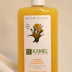 Champú de caléndula Kamel para caspa y picores, etiqueta detalle