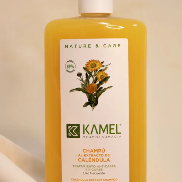 Champú de caléndula Kamel para caspa y picores, etiqueta detalle