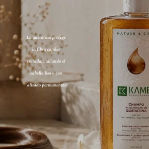 Champú de Queratina KAMEL protege la fibra capilar tratada, cuidando el cabello liso o con alisado permanente