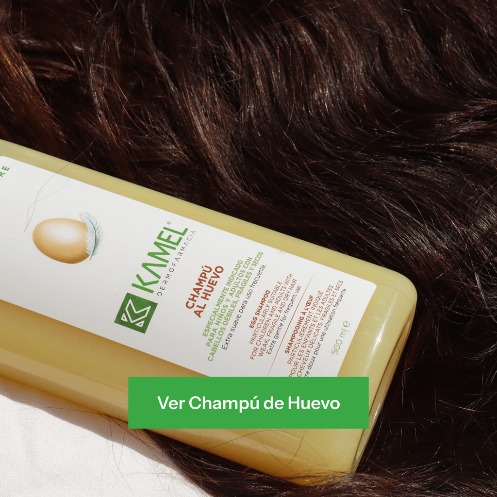 Champú de huevo Kamel, epecial para cabellos débiles, frágiles y secos, sobre cabello moreno.
