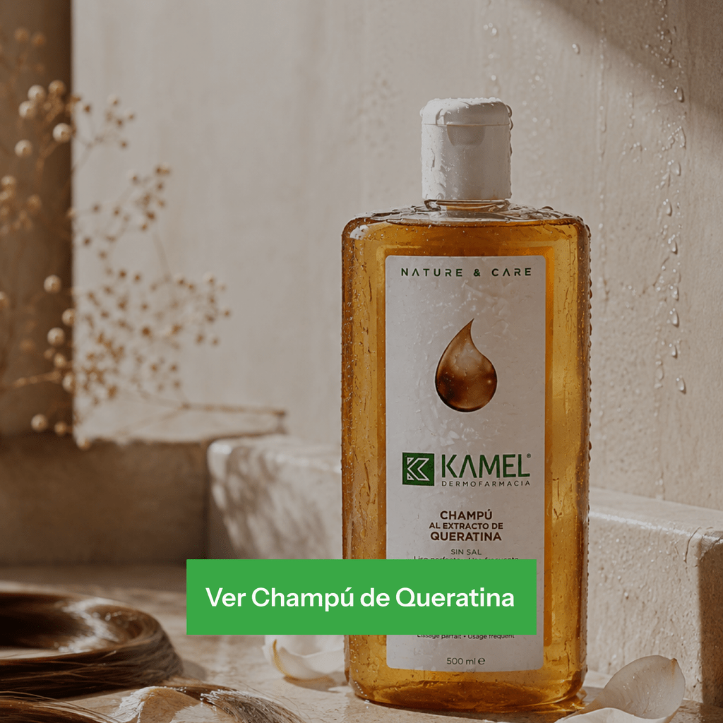 Champú de Queratina KAMEL protege la fibra capilar tratada, cuidando el cabello liso o con alisado permanente